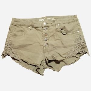 olive khaki green cut off shorts with floral lace side embellishments